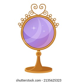 Magical vintage table mirror in a gold frame. Vector cartoon object isolated on white background. Element for interface game.