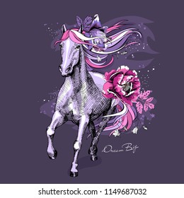 Magical violet Horse with a bright pink starry mane, tail, with exotic flowers on a night background. Dream big - lettering quote. Poster, t-shirt composition, handmade print. Vector illustration.