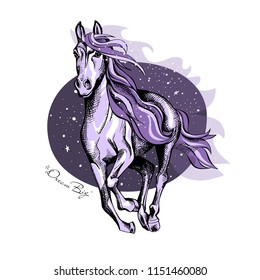 Magical violet horse on a night starry background. Dream big - lettering quote. Poster, t-shirt composition, handmade print. Vector illustration.