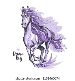 Magical violet horse with a starry mane and tail. Dream big - lettering quote. Poster, t-shirt composition, handmade print. Vector illustration.