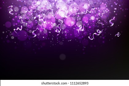 Magical violet stars falling with ribbons confetti, dust, glowing particles blurry scatter glitter blinking shine sparkle celebration award abstract background vector illustration