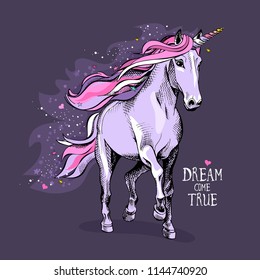 Magical violet unicorn with a bright pink starry mane, tail and a colored horn on a night background. Dream come true- lettering quote. Poster, t-shirt composition, handmade print. Vector illustration