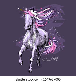 Magical violet unicorn with a bright pink starry mane, tail and a colored horn on a night background. Dream big - lettering quote. Poster, t-shirt composition, handmade print. Vector illustration.