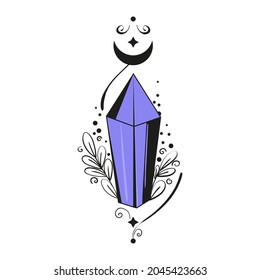 Cristal mágico violeta-negro con luna y monogramas. Ilustración vectorial plana de gemas y corridas de brujas.