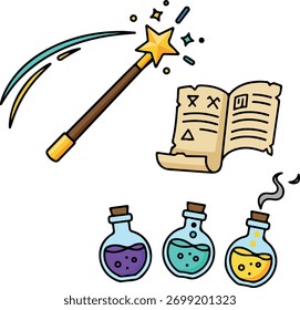 A magical wand, an ancient spellbook, and three bubbling potions are depicted in this whimsical illustration.