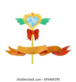 Magical wand for evil fighting girl. Poster or t-shirt design. Watercolour imitation.