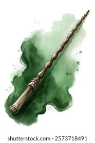 Magical wand illustration, fantasy art style, green watercolor background, mystical theme, enchanting design.