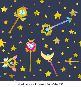 Magical wands and stars. Cute seamless pattern. Watercolour imitation