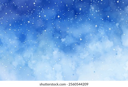 Pintura de acuarela mágica de la serenidad de un cielo nocturno estrellado. Mezcla hipnotizante de azules y blancos, una sensación de paz y tranquilidad de fondo de Vector. Estrellas centelleantes dispersas