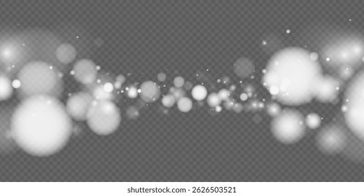 Magical white bokeh background with glowing particles, snow or glitter. Modern vector design for New Year holiday card, banners and festive advertising. Shiny sparkling and magical atmosphere.