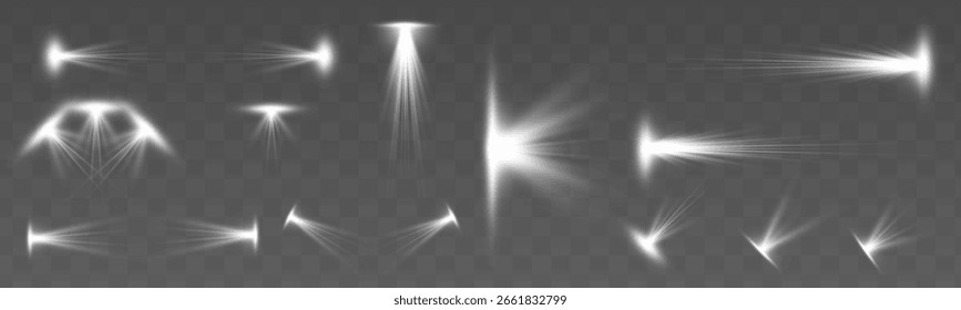 Magische weiße Lichtstrahlen, Glühstrahlen und Funkeln für festliche Illustrationen mit sanften, leuchtenden Lichtern. Glühende Strahlen und funkelnde Teilchen, die in lebendigem Licht herumwirbeln, platzen mit schimmerndem Licht
