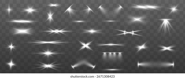 Mágicos rayos de luz blanca, rayos brillantes y destellos para ilustraciones festivas con reflejos suaves y brillantes. Abstractas espirales de neón desenfocan la luz, estrellas radiantes y partículas brillantes con rayos suaves.	

