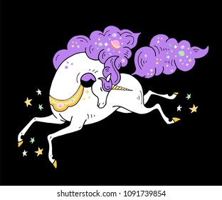 Magical white Unicorn with beautiful lilac mane. Vector Cute illustration - card, shirt design. Design on black background. Print for t shirt. Romantic hand drawing illustration for children and girls