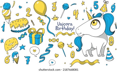 A magical white unicorn on white background. Hand drawn vector birthday assets with balloon, doughnut, candles, ice creams, candies, crowns, sparkles, hearts, cake, stars, ribbons, gift box.