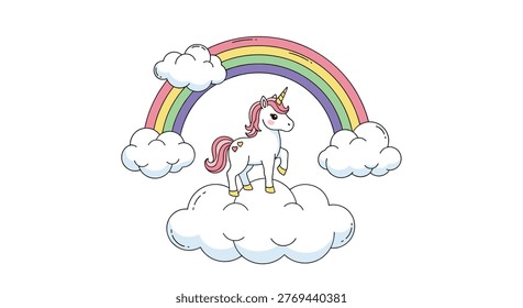 Magical white unicorn with a pink mane and tail is standing on a soft cloud under a colorful rainbow in the sky.