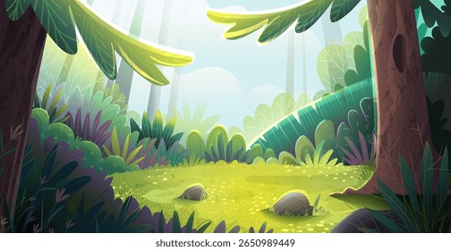 Magical selvagem floresta paisagem ilustração para crianças conto de fadas. Ambientes selvagens em Woodland. Limpeza pacífica da floresta com luz solar e árvores. Vetor natureza paisagem paisagem paisagem ilustração para crianças.