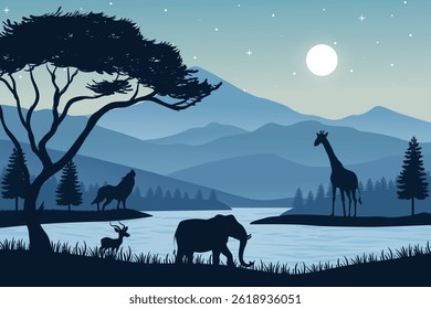 Magical Wildlife Scene at Night Featuring Silhouettes of African Animals, Calm River, Rolling Hills, Acacia Trees, Sparkling Stars, and a Glowing Full Moon in the Sky