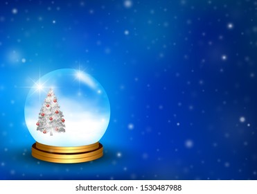 Magical winter background. Christmas tree and snowstorm in magic snow globe with sparkle, golden plated sole. Night scene with snowfall. Empty space for the copy. 3D illustration.