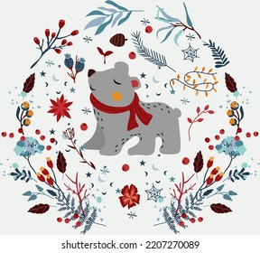Mágico invierno, fondo con un lindo oso polar en una corona, bayas de invierno, flores de Navidad, guirnaldas. Animal escandinavo. Perfecto para tarjetas de felicitación, afiches, volantes, pancartas. Vector.