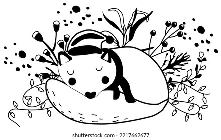 Magical winter, Black and white a cute sleeping wolf in a scarf, winter berries, flowers, Christmas garland.Scandinavian animal.Perfect for greeting cards, posters, flyers, banners.Vector