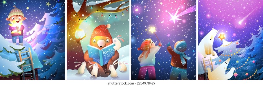 Magical winter collection and children   animals in woods  Starry night and forest in snow   shooting stars in the sky  Make Christmas wish  Vector illustrations for seasonal greeting cards 