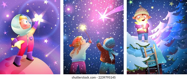 Magical winter collection and children making wish  cosmonaut kid in space  Dreaming about stars childhood collection  Vector illustrations for kids projects   storytelling 