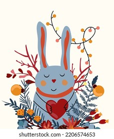 Magical winter, a cute rabbit in a scarf holding a heart, also winter berries, leaves, poinsettia, garland. Forest funny animals. The composition is ideal for greeting cards, posters, flyers, banners.
