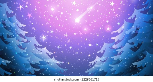 Magical Winter forest scene at night. Shooting star in the sky. Trees in winter woods covered with snow. Dreamy background for Christmas or New Year greetings. Vector illustration in watercolor style.