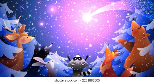 Magical winter forest snowfall scene and woodland animals watching shooting stars in sky  Animals in winter magical woods at night  Christmas New Year greeting card  Vector illustration 