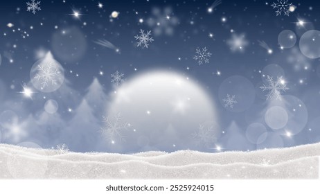 Magical winter landscape with a large glowing moon, falling snowflakes, and frosty hills. Perfect for holiday themes, winter backgrounds, or festive designs.