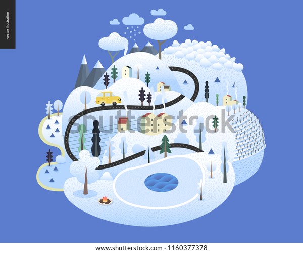 Magical winter landscape - snowed up island with
hills, roads, cars, houses and snow-covered trees, with mountains
and snow clouds above.
