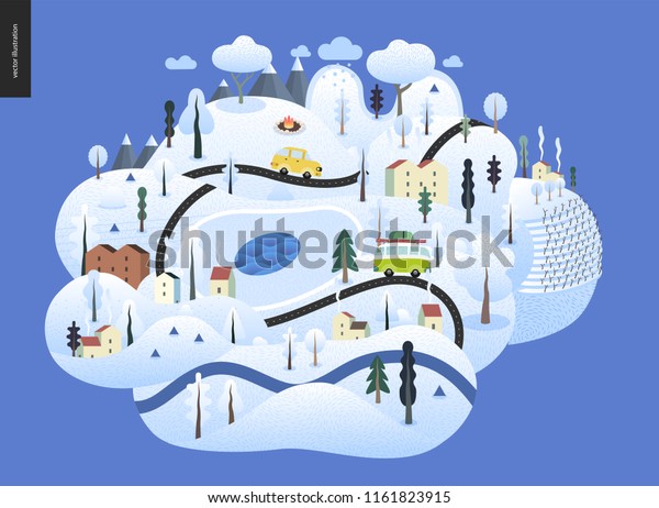 Magical winter landscape - snowed up island with\
hills, roads, cars, houses and snow-covered trees, with mountains\
and snow clouds above.