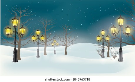 magical winter landscape with trees and glowing street lights. For postcard or flyer. winter, holidays,