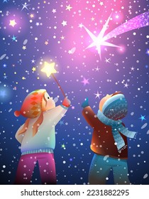 Magical winter night scene and children watching shooting stars in sky  making wish  Boy   girl kids in winter magic starry sky scenery  Christmas New Year greeting card  Vector illustration 