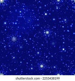 Magical winter repeated background. Snowfalling seamless pattern. Vector illustration. Beautiful snowflakes background. fairytale cute wallpaper for holidays cards, Christmas prints, New Year designs.