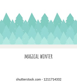 Magical winter. Vector illustration. Forest of trees. Flat style
