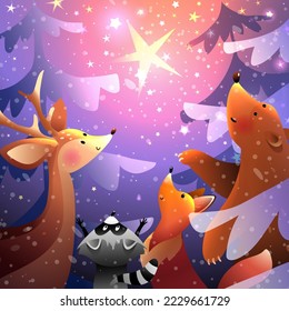 Magical winter woodland scene with animals watching stars in sky. Bear, fox, deer and raccoon in winter. Forest scene watching stars at night. Vector illustration for kids in watercolor style.