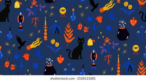 Magical witch background pattern, seamless texture, black cat silhouette, crows, dried herbs and poisons in bottles. Cute helloween backdrop.