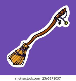 Magical witch broomstick sticker. Halloween broom, witchcraft tool, decor for magic party, wizarded besom, mystical print, childish style. Flat isolated vector illustration on white background