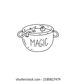Magical witch cauldron. Hand drawn line art Halloween illustration.
