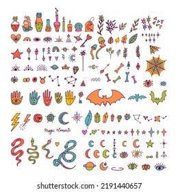 Magical witch collection. Boho style. Big set of hand drawn magic elements. Esoteric concept. Vector illustration