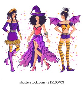 Magical witch girl set in glamor costumes for Halloween party. Vector lady.