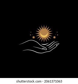 Magical witch hand. Hands holding crescent moon. Boho mystical style.