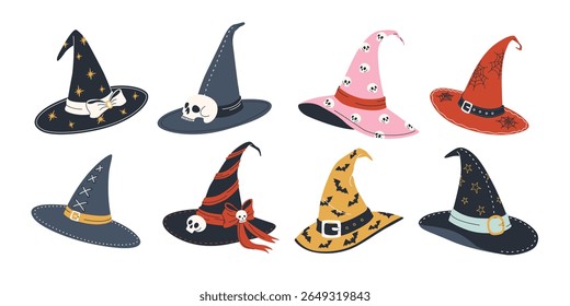Magical witch hat clip art set. Isolated hand drawn flat elements on white background. Hats with ribbons, bows, buckles, skulls and cobwebs. Perfect for Halloween designs. Vector illustrations.