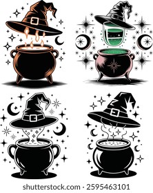 Magical Witch Hats and Cauldrons with Potions and Celestial Symbols vector , silhouette, 