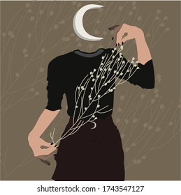 magical witch with a head of the month and herbs