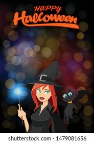 Magical witch with her black cat on bokeh background and title Happy Halloween. Special holiday concept illustration.