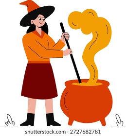 Uma bruxa mágica que mexe com um caldeirão borbulhante, rodeada por ingredientes místicos.