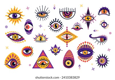 Magical witchcraft eyes ablaze with mystic hues, unveil enchanting secrets of realms unseen. Vector set of esoteric occult signs in vintage boho style, glimpse into the arcane weave and casting spells