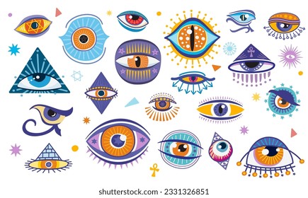 Magical witchcraft eyes, esoteric and occult magic symbols of oracle providence, cartoon vector. Witchcraft and clairvoyant signs of Horus eye and Egypt pyramid for magic divination or mystery amulets